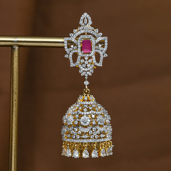 Close-up view of premium 92.5 silver cz emerald jhumka earrings with intricate detailing and cz drops by Sri Fine Jewellery, Hyderabad (https://srifinejewellery.com)