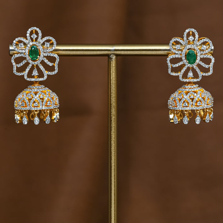 Full view of premium 92.5 silver cz emerald jhumka earrings with intricate detailing and cz drops by Sri Fine Jewellery, Hyderabad (https://srifinejewellery.com)