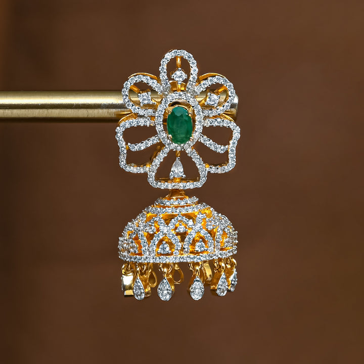 Close-up view of premium 92.5 silver cz emerald jhumka earrings with intricate detailing and cz drops by Sri Fine Jewellery, Hyderabad (https://srifinejewellery.com)