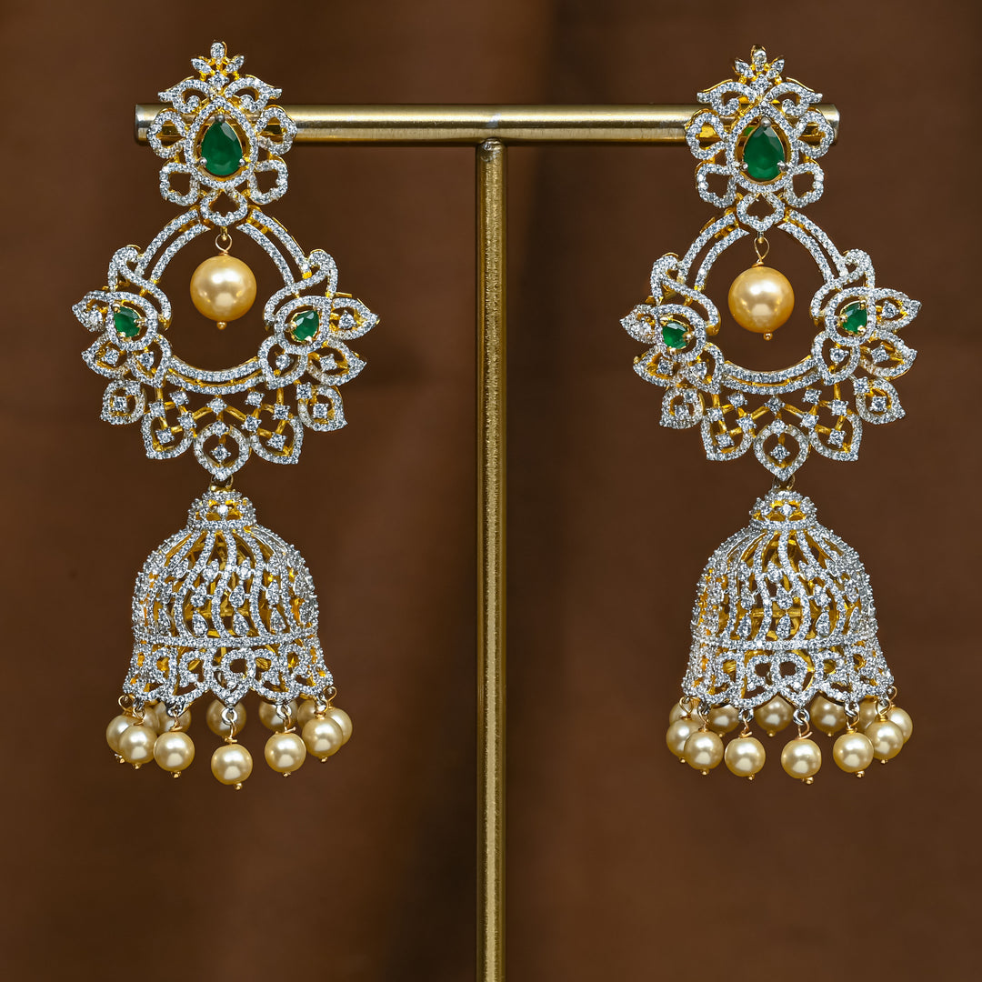 Full view of premium 92.5 silver cz emerald jhumka earrings with intricate detailing and pearl drops by Sri Fine Jewellery, Hyderabad (https://srifinejewellery.com)