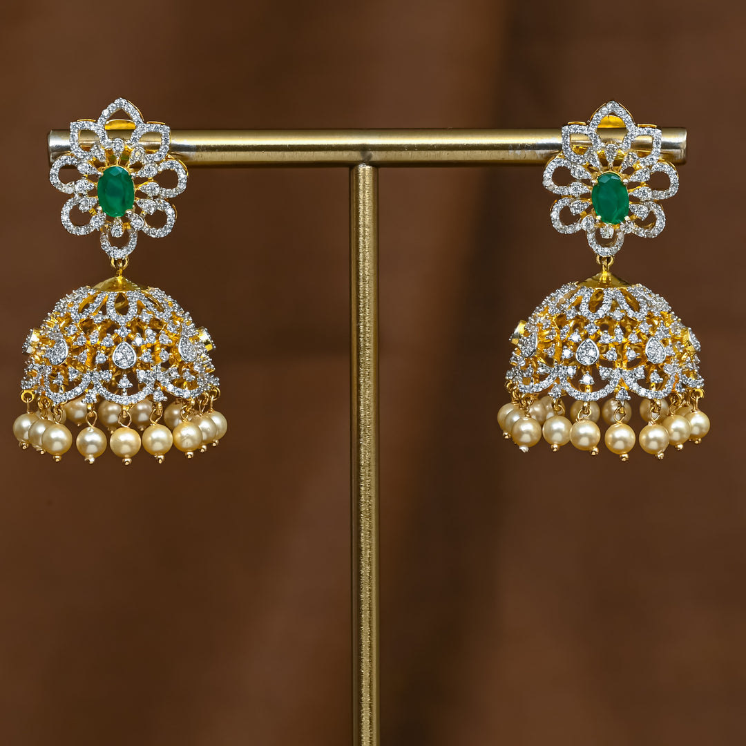Full view of premium 92.5 silver cz emerald jhumka earrings with intricate detailing and pearl drops by Sri Fine Jewellery, Hyderabad (https://srifinejewellery.com)