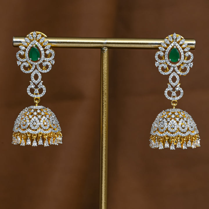 Full view of premium 92.5 silver cz emerald jhumka earrings with intricate detailing and cz drops by Sri Fine Jewellery, Hyderabad (https://srifinejewellery.com)