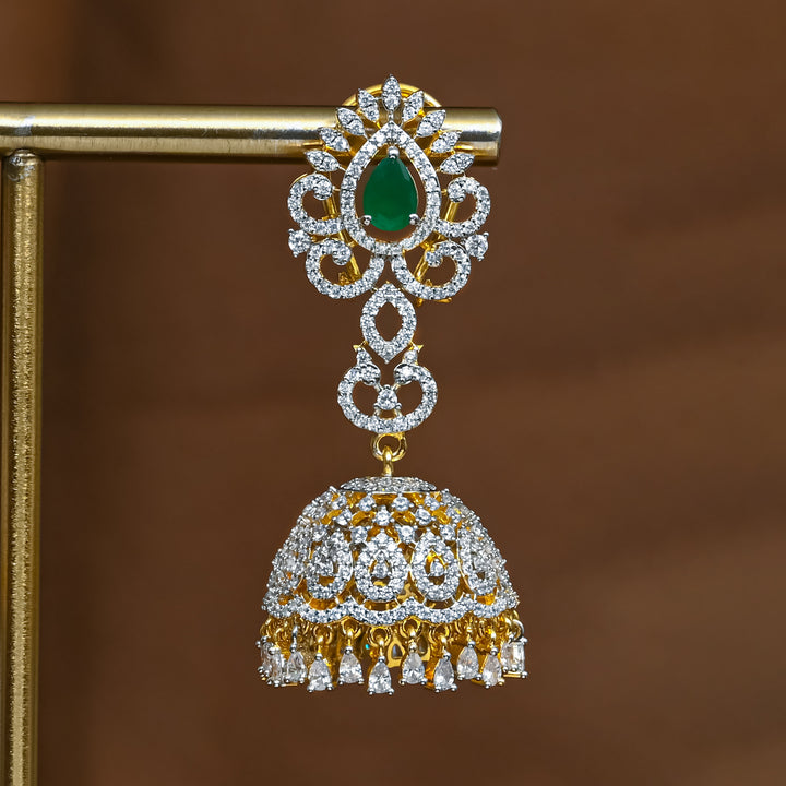 Close-up view of premium 92.5 silver cz emerald jhumka earrings with intricate detailing and cz drops by Sri Fine Jewellery, Hyderabad (https://srifinejewellery.com)