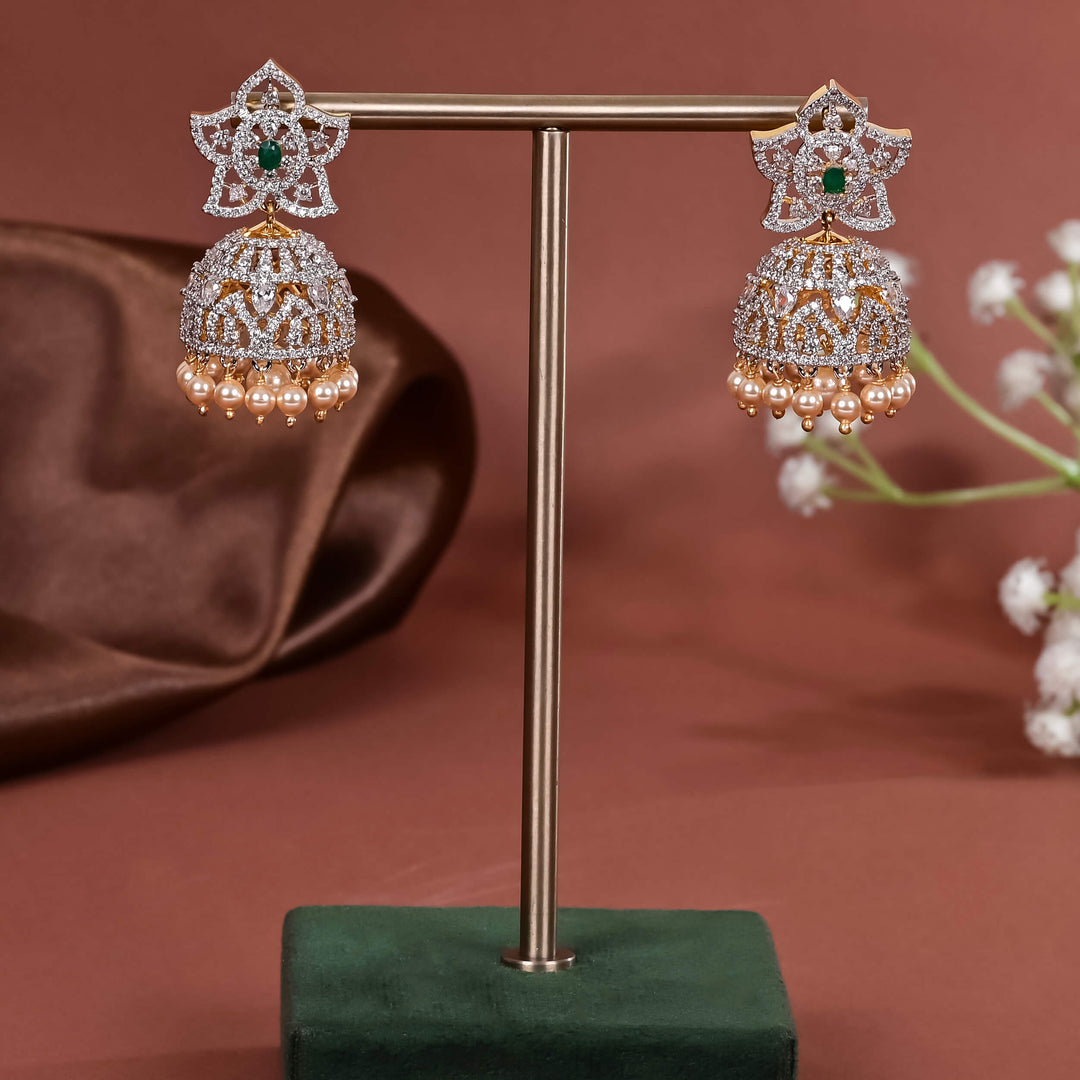 Hriday collection of 92.5 silver jhumka earrings with CZ stones, intricate  design for bridal and festive wear by Sri fine jewellery, Hyderabad.
(https://www.srifinejewellery.com)