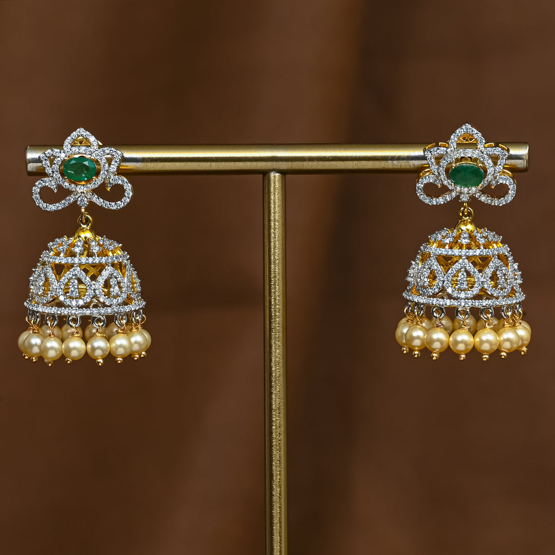 Full view of premium 92.5 silver cz emerald jhumka earrings with intricate detailing and pearl drops by Sri Fine Jewellery, Hyderabad 