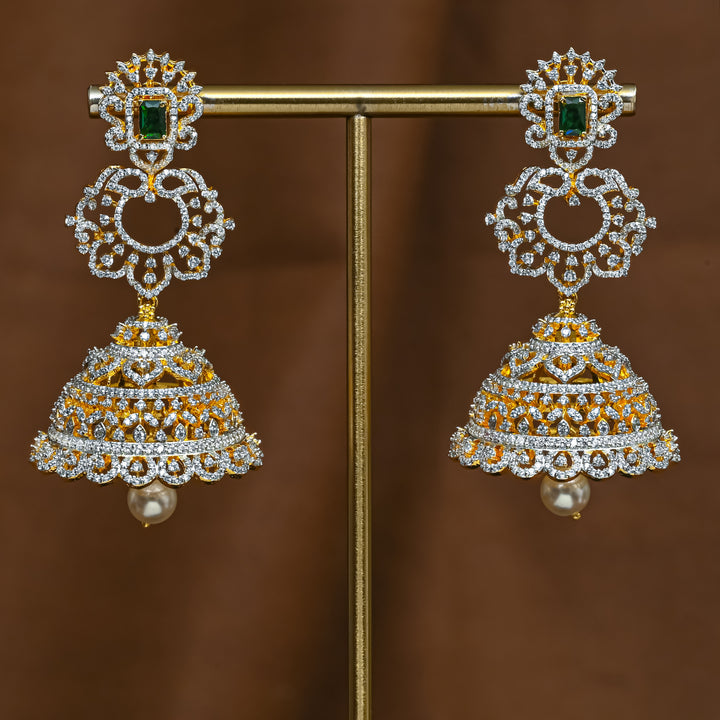 Full view of premium 92.5 silver cz emerald jhumka earrings with intricate detailing and pearl drops by Sri Fine Jewellery, Hyderabad 