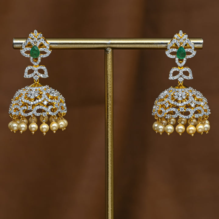 Full view of premium 92.5 silver cz emerald jhumka earrings with intricate detailing and pearl drops by Sri Fine Jewellery, Hyderabad (https://srifinejewellery.com)