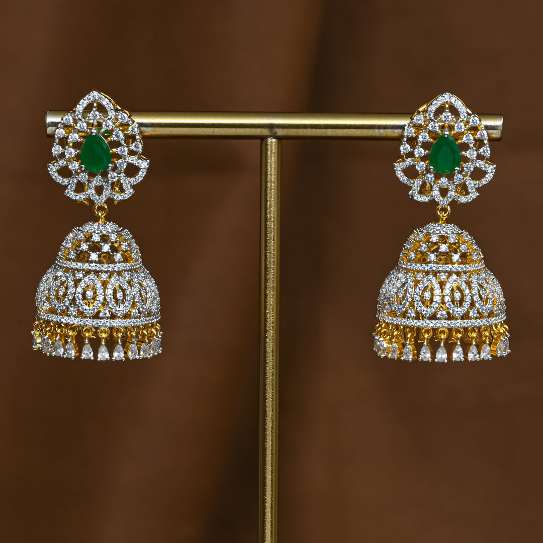 Full view of premium 92.5 silver cz emerald jhumka earrings with intricate detailing and cz drops by Sri Fine Jewellery, Hyderabad (https://srifinejewellery.com)
