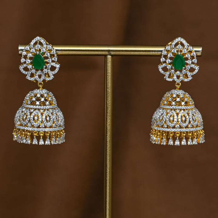 Full view of premium 92.5 silver cz emerald jhumka earrings with intricate detailing and cz drops by Sri Fine Jewellery, Hyderabad (https://srifinejewellery.com)
