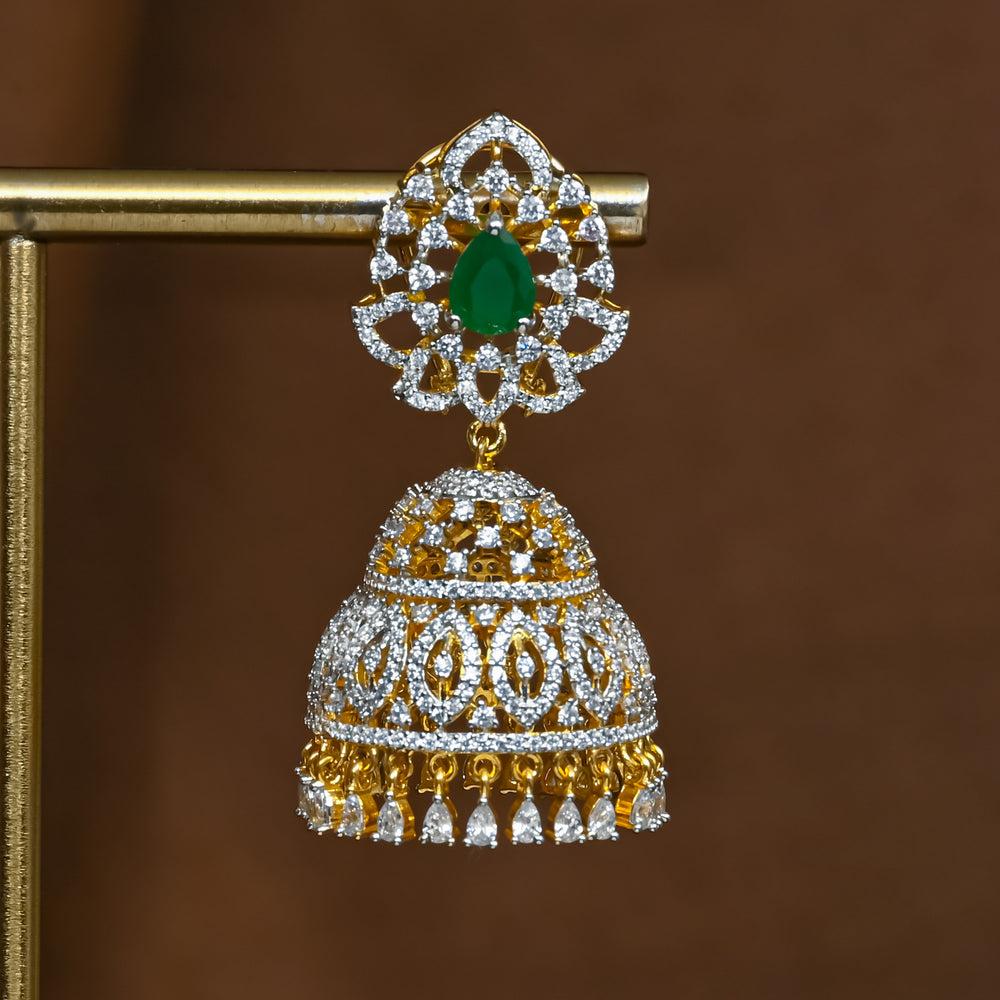 Full view of premium 92.5 silver cz emerald jhumka earrings with intricate detailing and cz drops by Sri Fine Jewellery, Hyderabad (https://srifinejewellery.com)