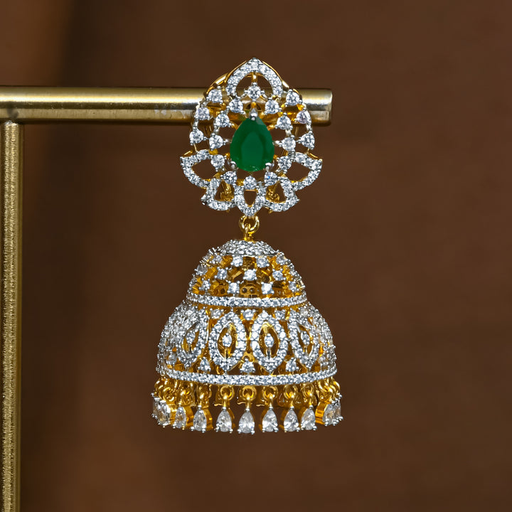 Full view of premium 92.5 silver cz emerald jhumka earrings with intricate detailing and cz drops by Sri Fine Jewellery, Hyderabad (https://srifinejewellery.com)