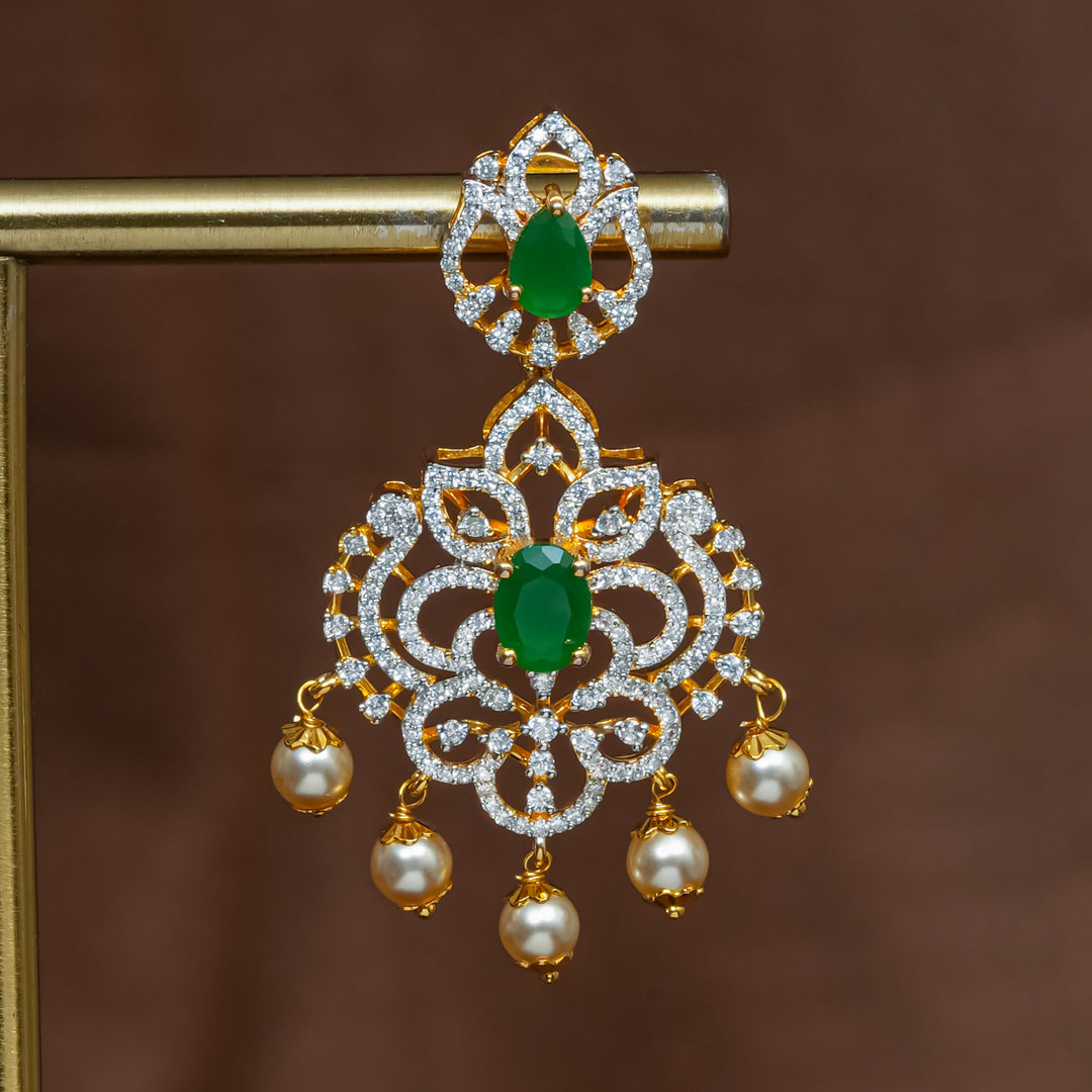 Full view of premium 92.5 silver cz emerald earrings with intricate detailing and pearl drops by Sri Fine Jewellery, Hyderabad (https://srifinejewellery.com)