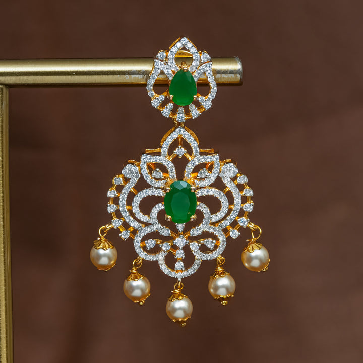 Full view of premium 92.5 silver cz emerald earrings with intricate detailing and pearl drops by Sri Fine Jewellery, Hyderabad (https://srifinejewellery.com)