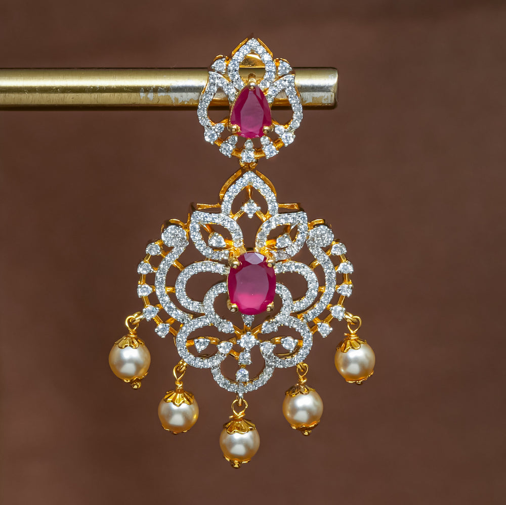 Full view of premium 92.5 silver cz ruby earrings with intricate detailing and pearl drops by Sri Fine Jewellery, Hyderabad (https://srifinejewellery.com)