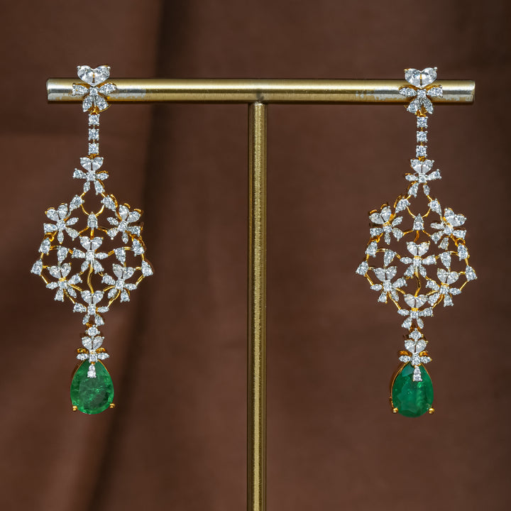 Full view of premium 92.5 silver cz emerald earrings with intricate detailing and pearl drops by Sri Fine Jewellery, Hyderabad (https://srifinejewellery.com)