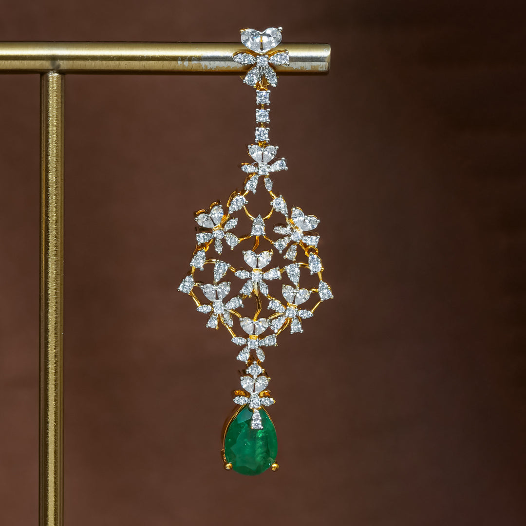 Full view of premium 92.5 silver cz emerald earrings with intricate detailing and pearl drops by Sri Fine Jewellery, Hyderabad (https://srifinejewellery.com)