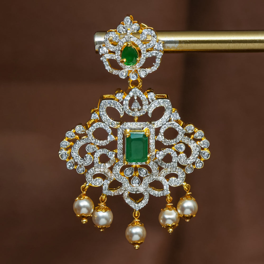 Full view of premium 92.5 silver cz emerald earrings with intricate detailing and pearl drops by Sri Fine Jewellery, Hyderabad (https://srifinejewellery.com)
