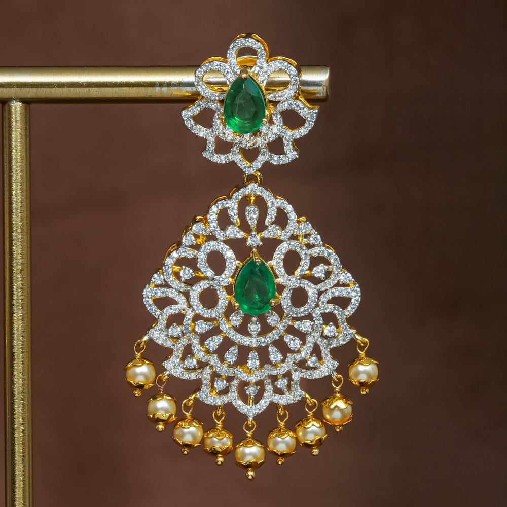 Full view of premium 92.5 silver cz emerald earrings with intricate detailing and pearl drops by Sri Fine Jewellery, Hyderabad (https://srifinejewellery.com)