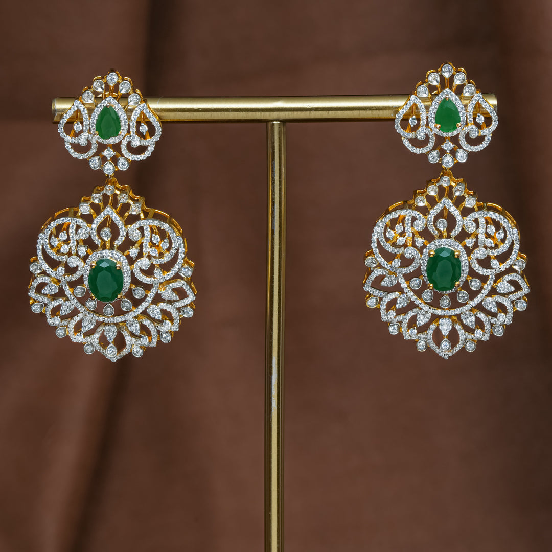 Full view of premium 92.5 silver cz emerald earrings with intricate detailing and pearl drops by Sri Fine Jewellery, Hyderabad (https://srifinejewellery.com)
