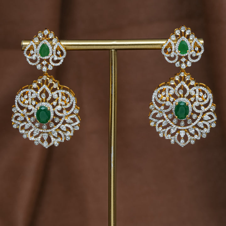 Full view of premium 92.5 silver cz emerald earrings with intricate detailing and pearl drops by Sri Fine Jewellery, Hyderabad (https://srifinejewellery.com)