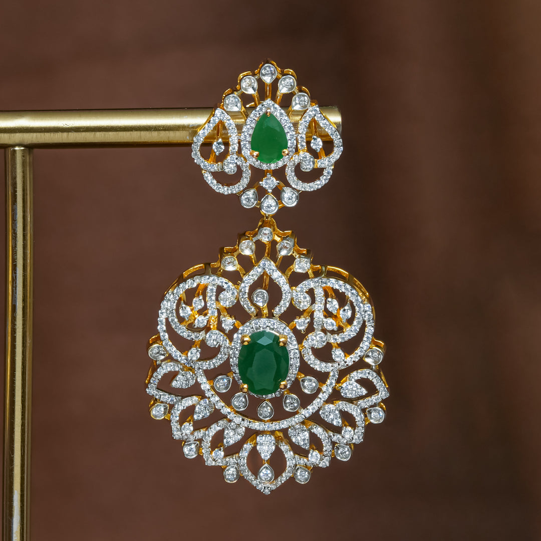 Full view of premium 92.5 silver cz emerald earrings with intricate detailing and pearl drops by Sri Fine Jewellery, Hyderabad (https://srifinejewellery.com)