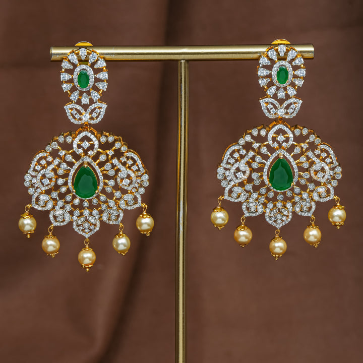 Full view of premium 92.5 silver cz emerald earrings with intricate detailing and pearl drops by Sri Fine Jewellery, Hyderabad (https://srifinejewellery.com)
