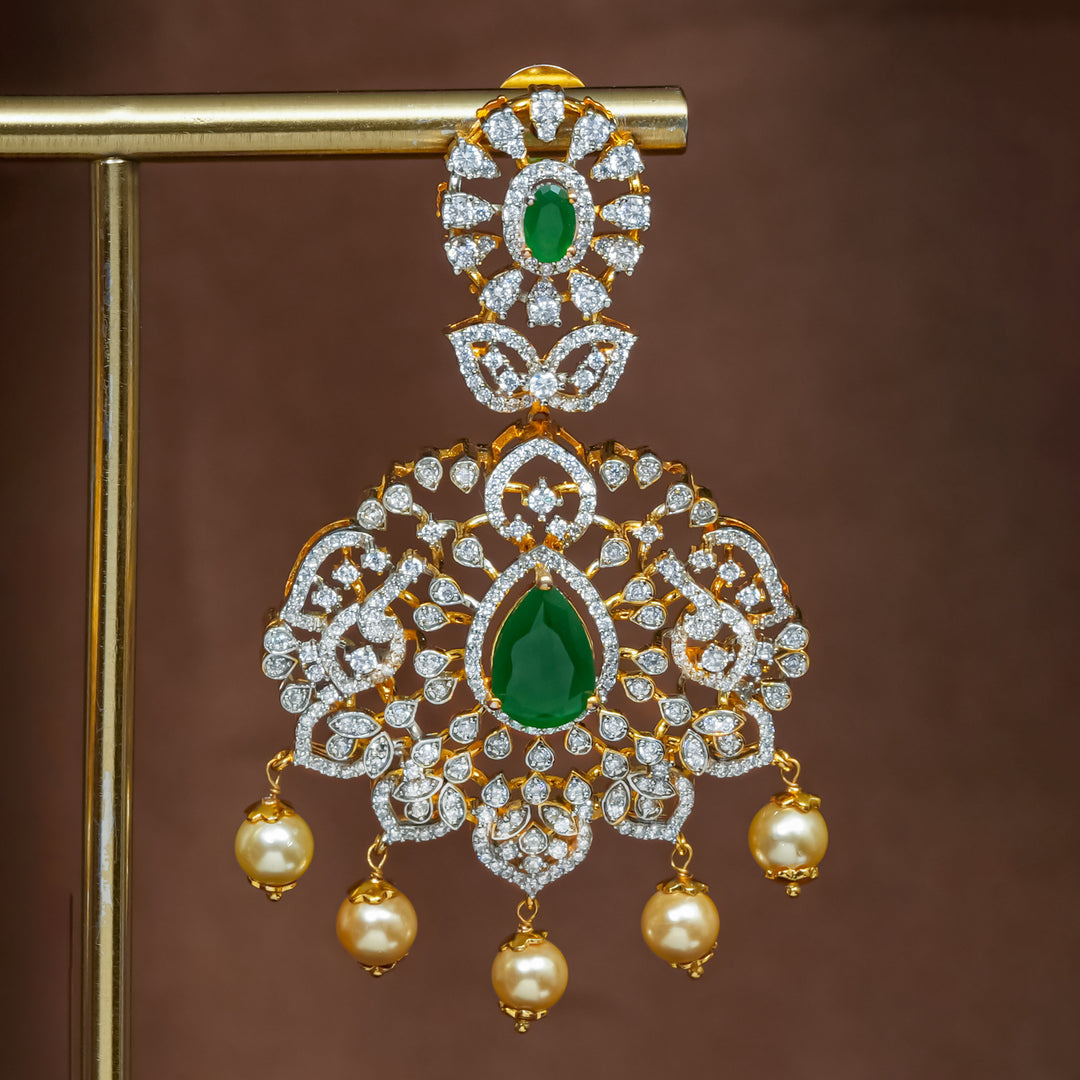 Full view of premium 92.5 silver cz emerald earrings with intricate detailing and pearl drops by Sri Fine Jewellery, Hyderabad (https://srifinejewellery.com)