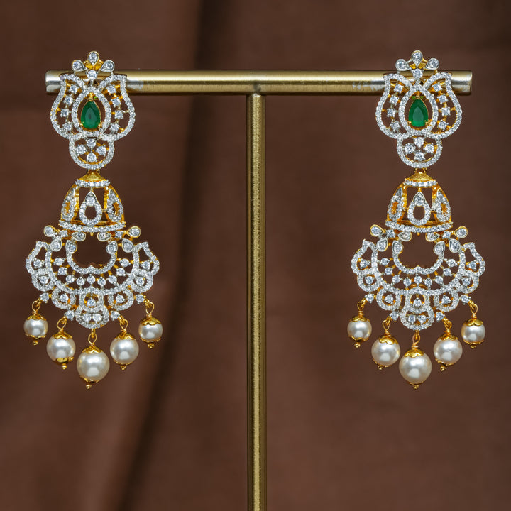 Full view of premium 92.5 silver cz emerald earrings with intricate detailing and pearl drops by Sri Fine Jewellery, Hyderabad (https://srifinejewellery.com)