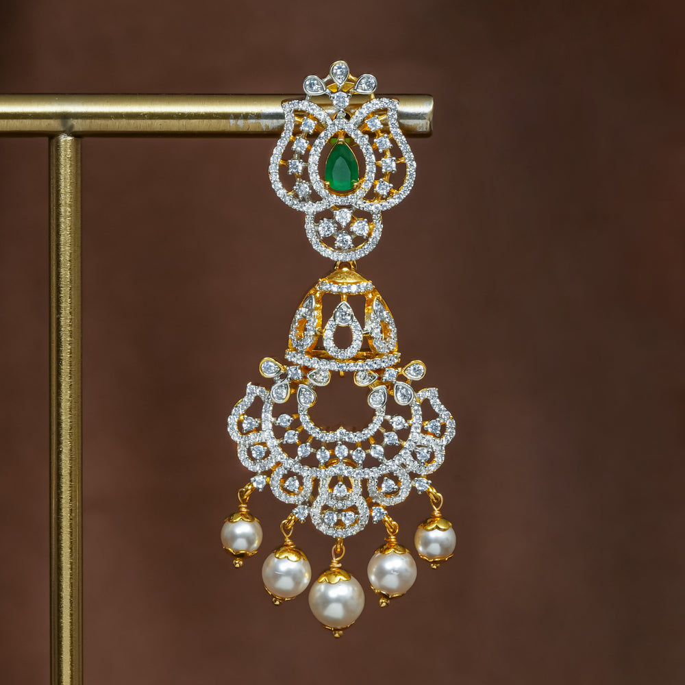 Full view of premium 92.5 silver cz emerald earrings with intricate detailing and pearl drops by Sri Fine Jewellery, Hyderabad (https://srifinejewellery.com)