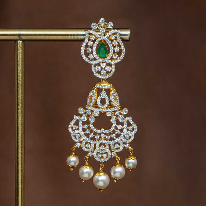 Full view of premium 92.5 silver cz emerald earrings with intricate detailing and pearl drops by Sri Fine Jewellery, Hyderabad (https://srifinejewellery.com)