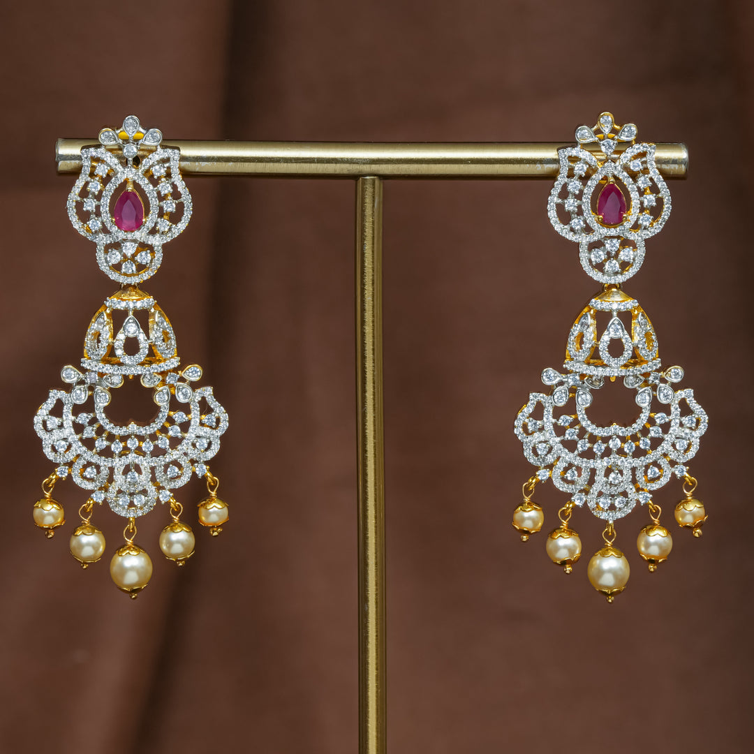 Full view of premium 92.5 silver cz ruby earrings with intricate detailing and pearl drops by Sri Fine Jewellery, Hyderabad (https://srifinejewellery.com)