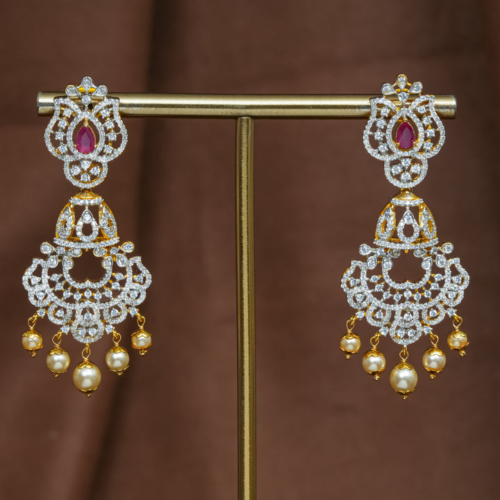Full view of premium 92.5 silver cz ruby earrings with intricate detailing and pearl drops by Sri Fine Jewellery, Hyderabad (https://srifinejewellery.com)