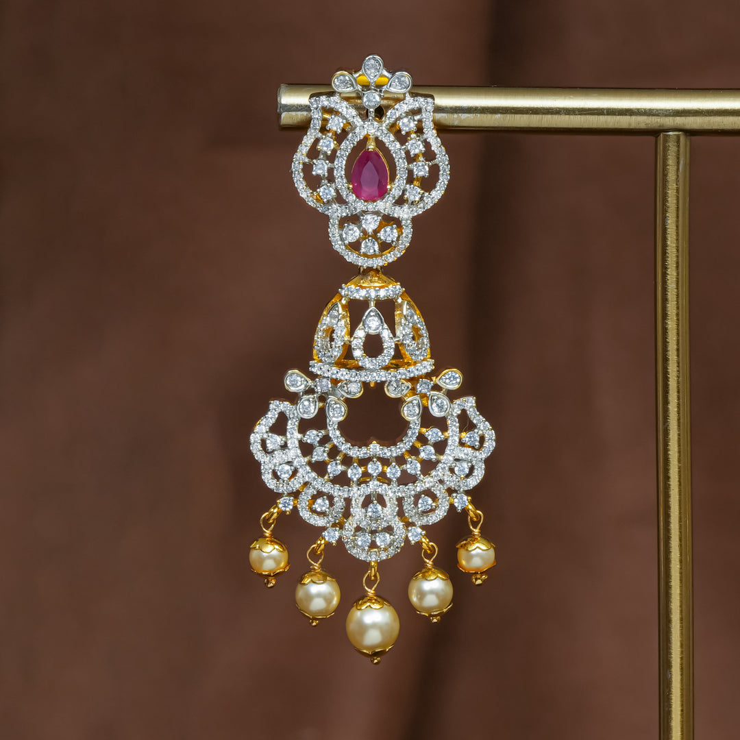 Close-up view of premium 92.5 silver cz ruby earrings with intricate detailing and pearl drops by Sri Fine Jewellery, Hyderabad (https://srifinejewellery.com)