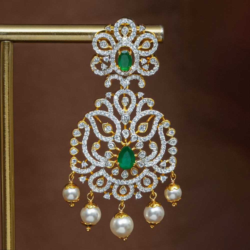 Full view of premium 92.5 silver cz emerald earrings with intricate detailing and pearl drops by Sri Fine Jewellery, Hyderabad (https://srifinejewellery.com)