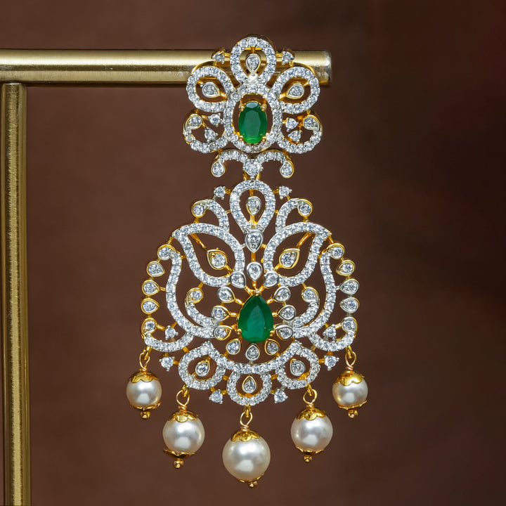 Full view of premium 92.5 silver cz emerald earrings with intricate detailing and pearl drops by Sri Fine Jewellery, Hyderabad (https://srifinejewellery.com)