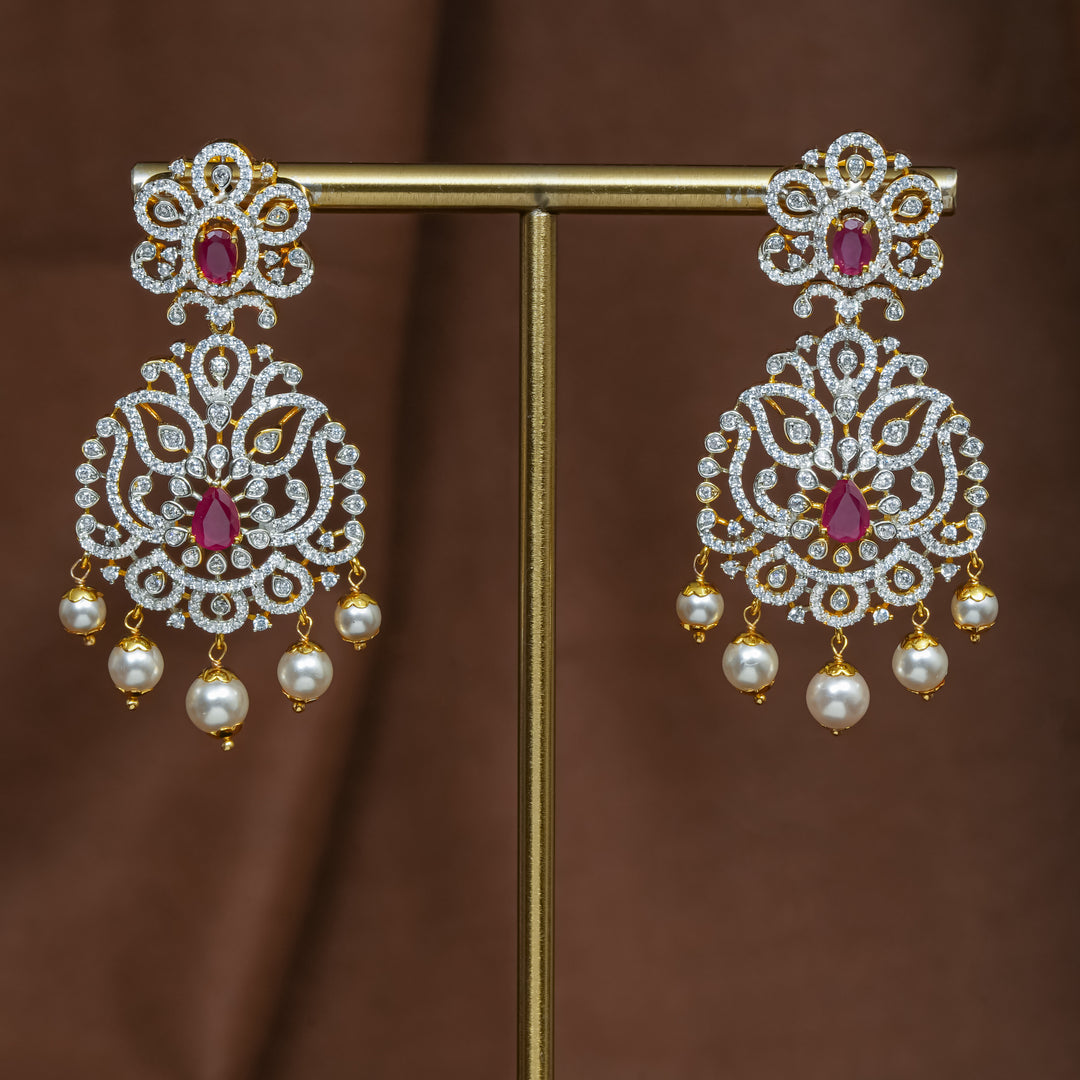Full view of premium 92.5 silver cz ruby earrings with intricate detailing and pearl drops by Sri Fine Jewellery, Hyderabad (https://srifinejewellery.com)