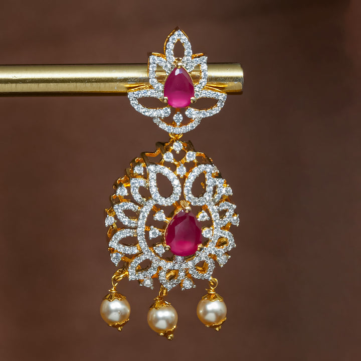 Full view of premium 92.5 silver cz ruby earrings with intricate detailing and pearl drops by Sri Fine Jewellery, Hyderabad (https://srifinejewellery.com)