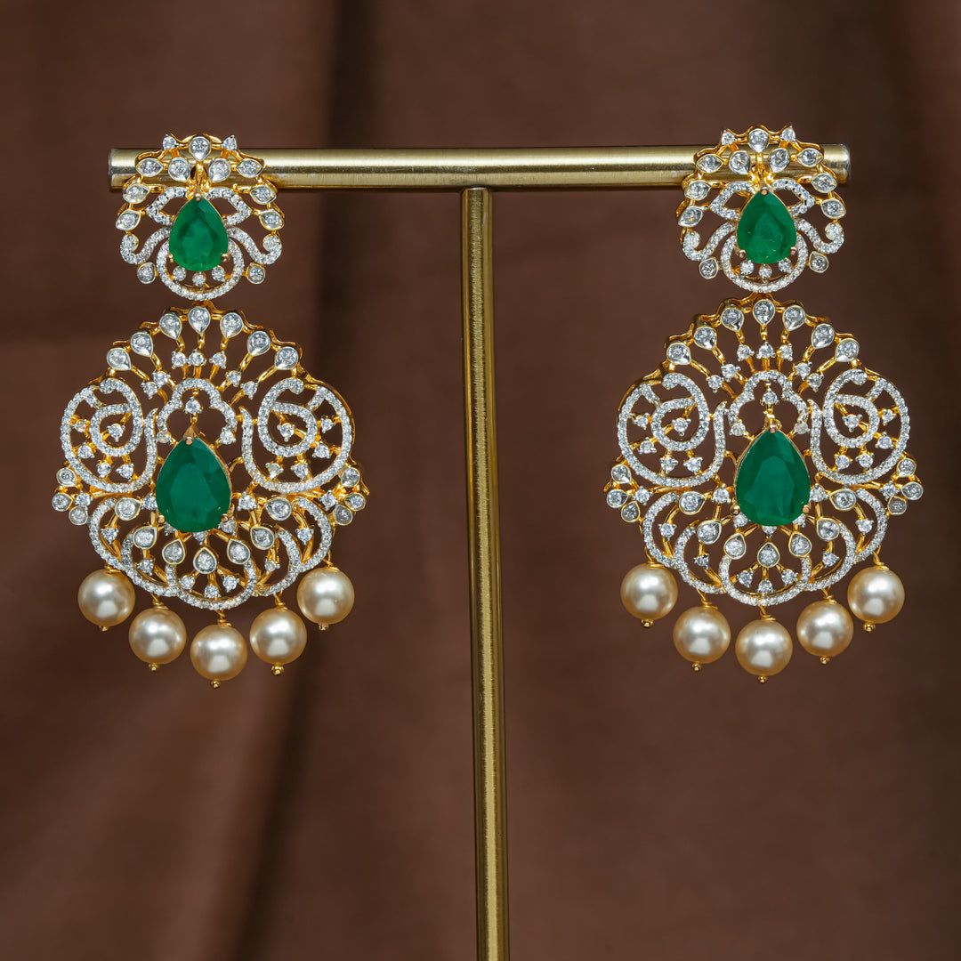 Full view of premium 92.5 silver cz emerald earrings with intricate detailing and pearl drops by Sri Fine Jewellery, Hyderabad (https://srifinejewellery.com)