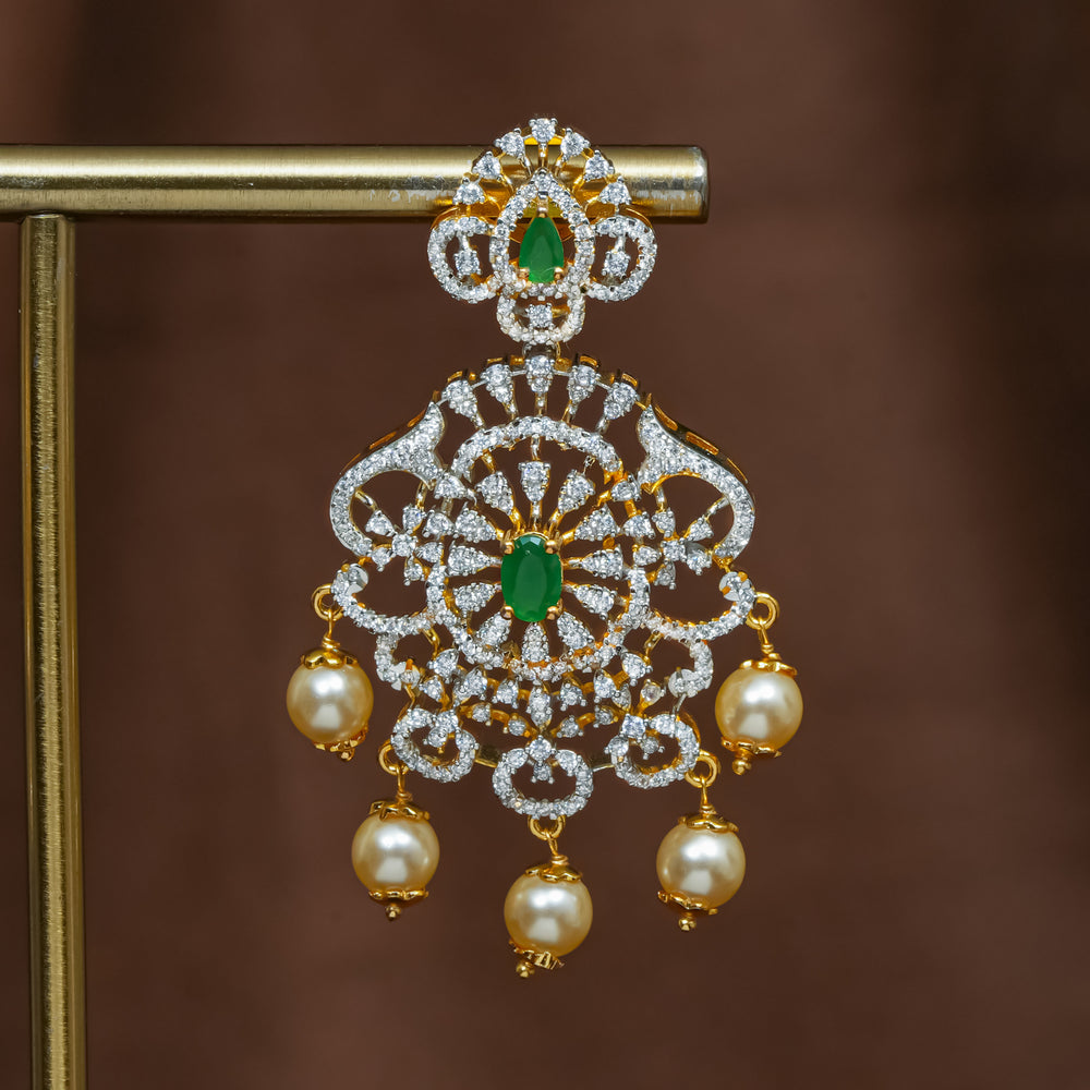 Close-up view of premium 92.5 silver cz emerald earrings with intricate detailing and pearl drops by Sri Fine Jewellery, Hyderabad (https://srifinejewellery.com)