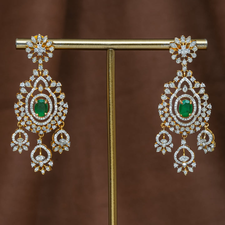 Full view of premium 92.5 silver cz emerald earrings with intricate detailing and pearl drops by Sri Fine Jewellery, Hyderabad (https://srifinejewellery.com)