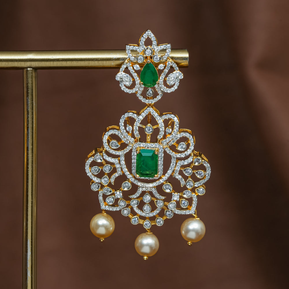 Close-up view of premium 92.5 silver cz emerald earrings with intricate detailing and pearl drops by Sri Fine Jewellery, Hyderabad (https://srifinejewellery.com)