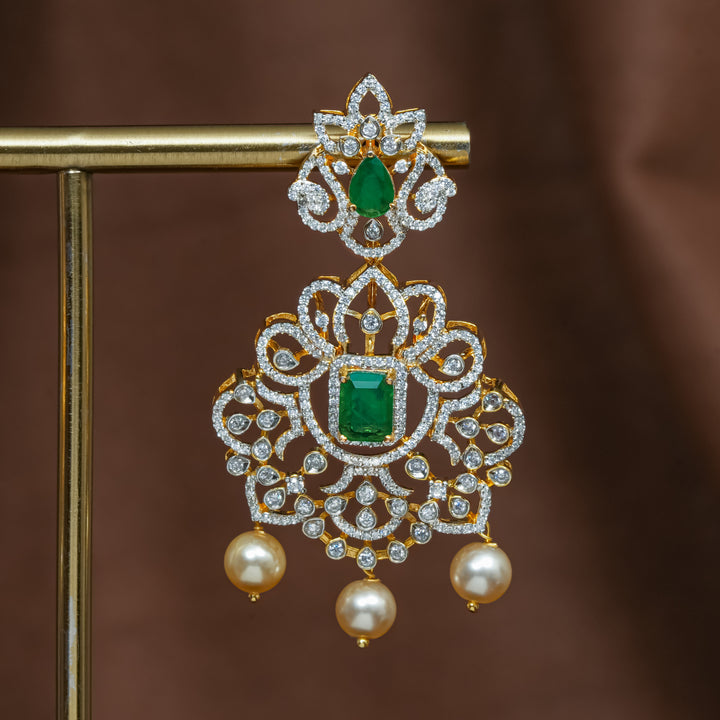 Close-up view of premium 92.5 silver cz emerald earrings with intricate detailing and pearl drops by Sri Fine Jewellery, Hyderabad (https://srifinejewellery.com)