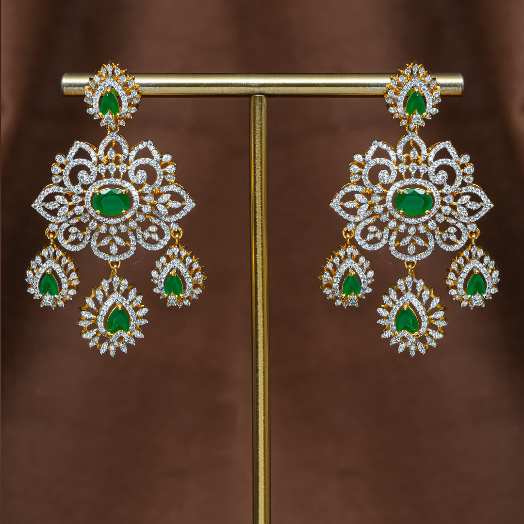 Full view of premium 92.5 silver cz emerald earrings with intricate detailing by Sri Fine Jewellery, Hyderabad (https://srifinejewellery.com)