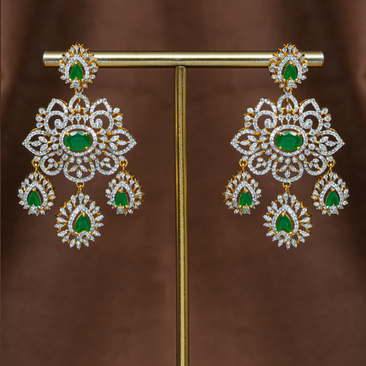 Full view of premium 92.5 silver cz emerald earrings with intricate detailing by Sri Fine Jewellery, Hyderabad (https://srifinejewellery.com)