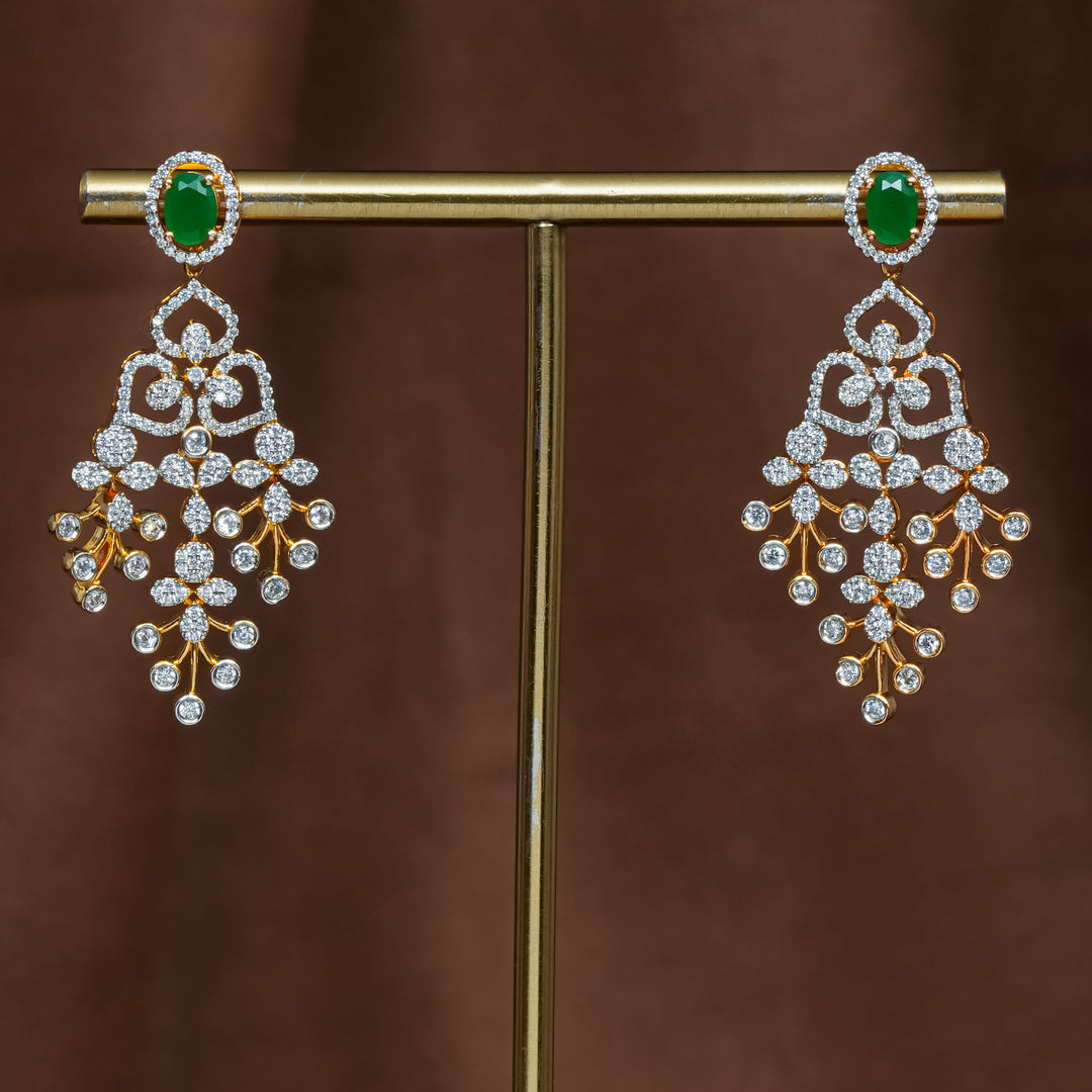 Full view of premium 92.5 silver cz emerald earrings with intricate detailing by Sri Fine Jewellery, Hyderabad (https://srifinejewellery.com)
