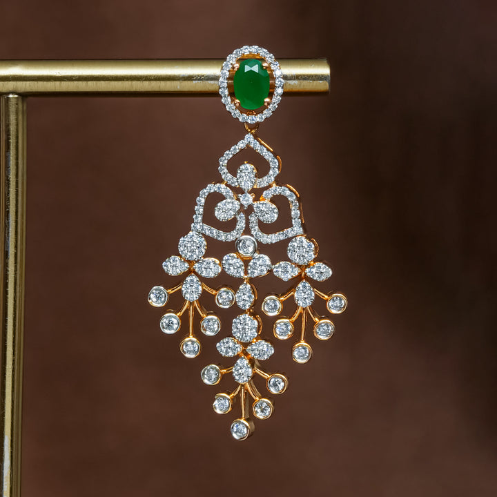 Close-up view of premium 92.5 silver cz emerald earrings with intricate detailing by Sri Fine Jewellery, Hyderabad (https://srifinejewellery.com)