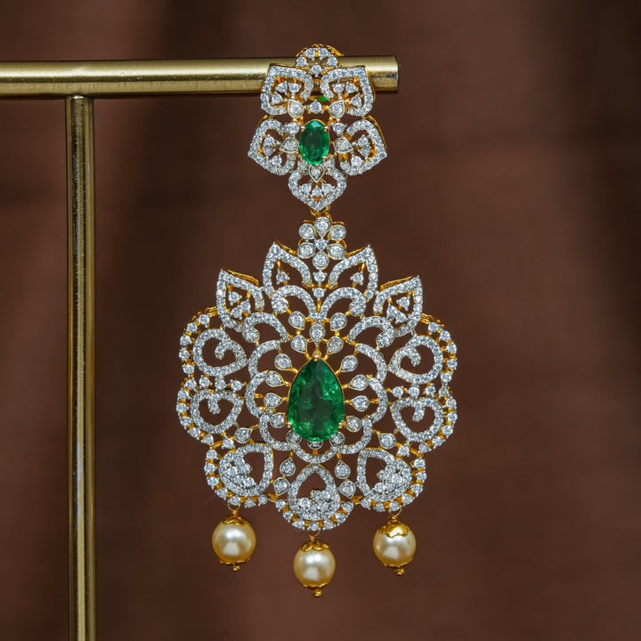 Close-up view of premium 92.5 silver cz emerald earrings with intricate detailing and pearl drops by Sri Fine Jewellery, Hyderabad (https://srifinejewellery.com)