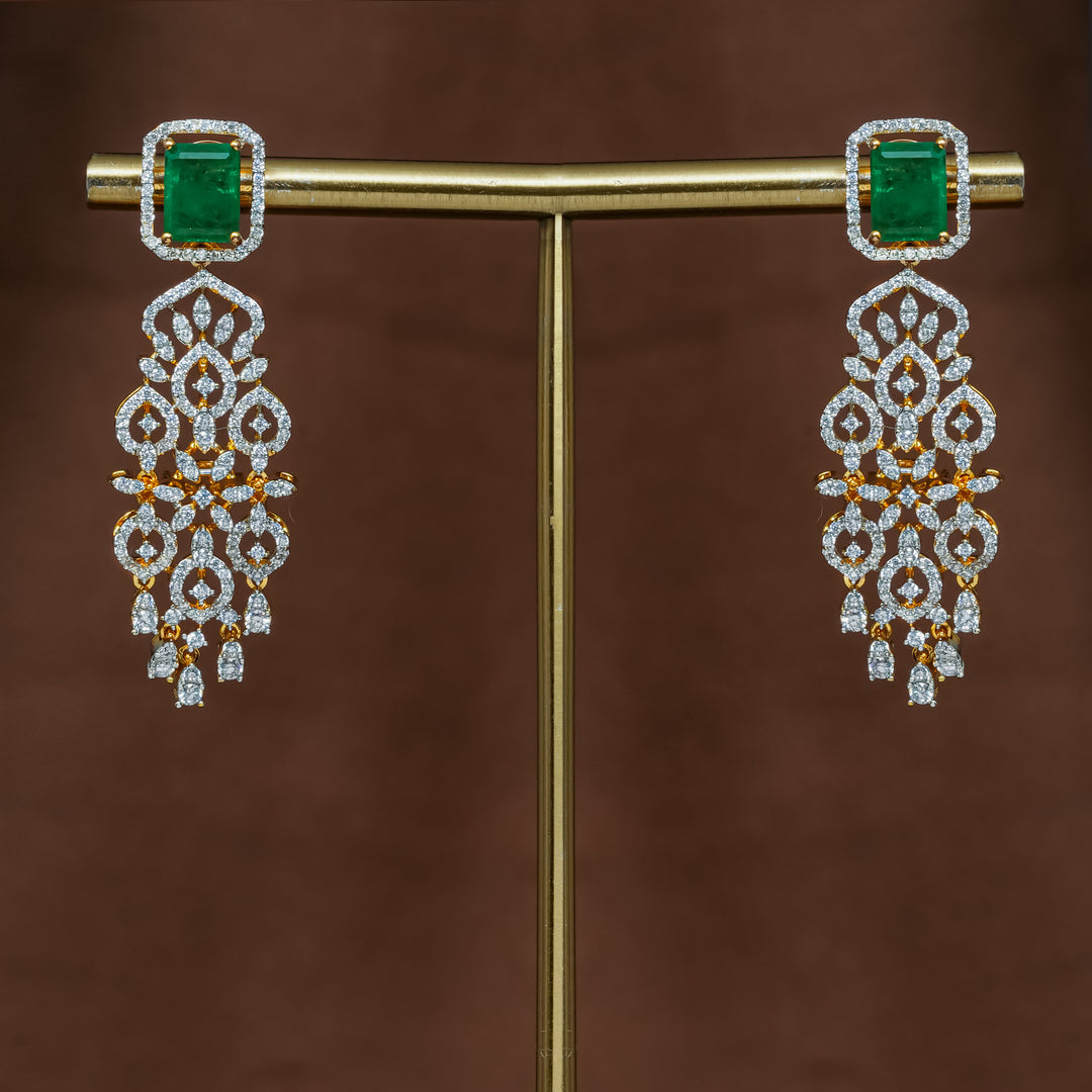 Full view of premium 92.5 silver cz emerald earrings with intricate detailing by Sri Fine Jewellery, Hyderabad (https://srifinejewellery.com)