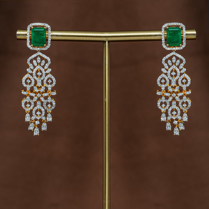 Full view of premium 92.5 silver cz emerald earrings with intricate detailing by Sri Fine Jewellery, Hyderabad (https://srifinejewellery.com)