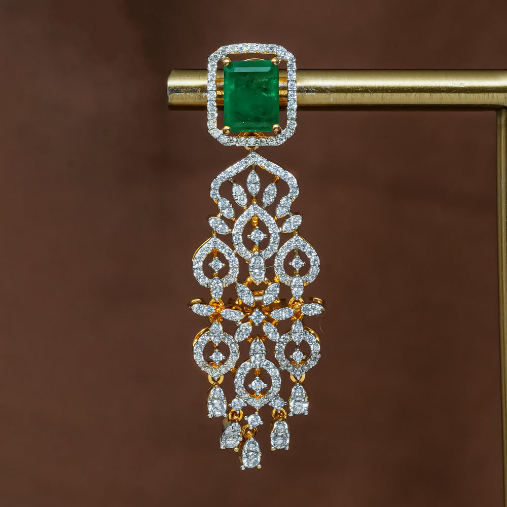 Close-up view of premium 92.5 silver cz emerald earrings with intricate detailing by Sri Fine Jewellery, Hyderabad (https://srifinejewellery.com)